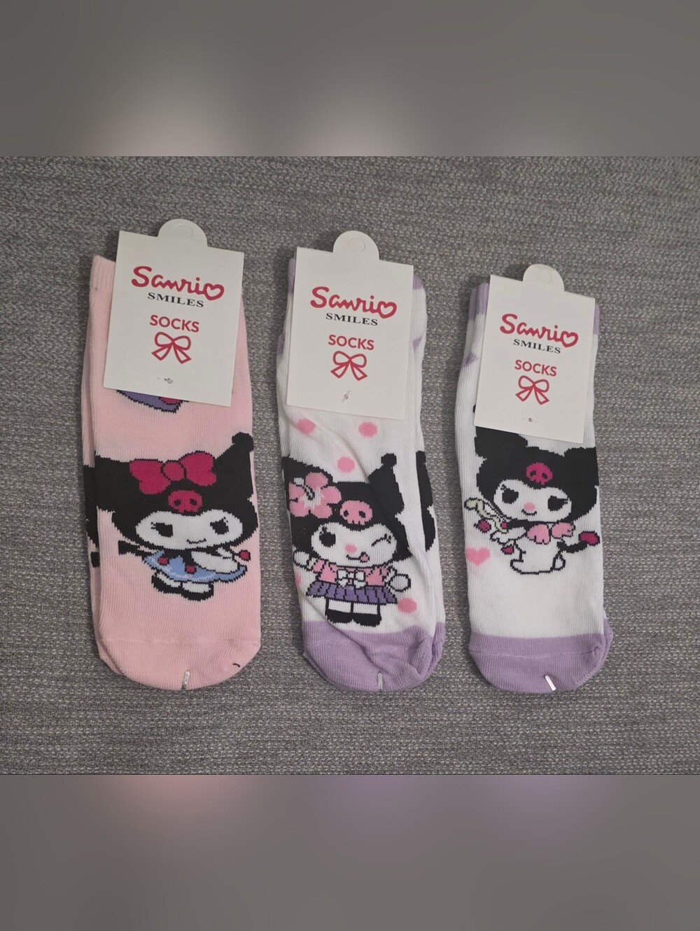 Sanrio Hello Kitty - Kuromi Character Socks -Pink, Purple, Black, White Set Of 3